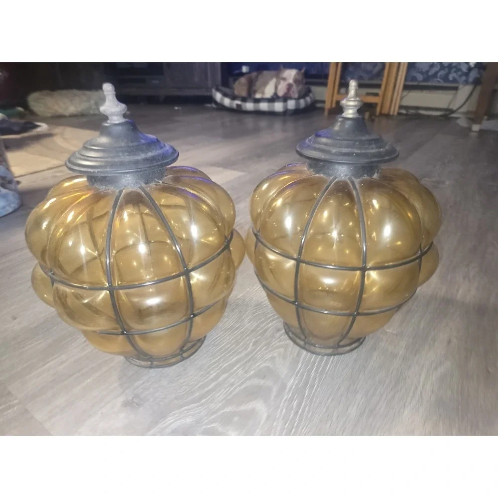Set Of 2 Vintage Caged Glass Amber Blown Lamp Globe Shade Estate Find